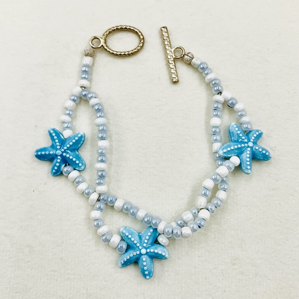 Boho Beach seashell ocean blue starfish charm bracelet white seed beads girlypop